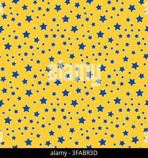 Seamless pattern of blue stars on a yellow background. Children bright pattern. Contrasting star pattern for wrapping Stock Vector