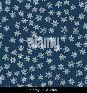 A seamless pattern of gold snowflakes falling on a dark blue background. Winter pattern. A chaotic fall. Stock Vector