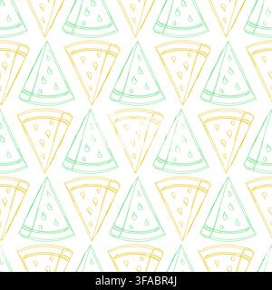 Seamless sketch pattern of a piece of watermelon. Yellow and green outline. Summer Food Pattern. Stock Vector
