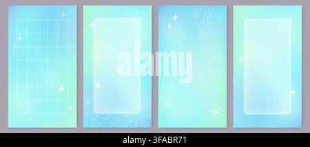 Y2K Blue And Green Gradient Backgrounds Set with Wireframe Grids Sparkles and Glass Text Box Stock Vector