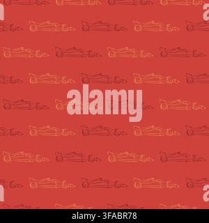 Seamless pattern of Formula 1 contour racing car on a red background. Sports red and yellow cars in a row. Side view. Stock Vector