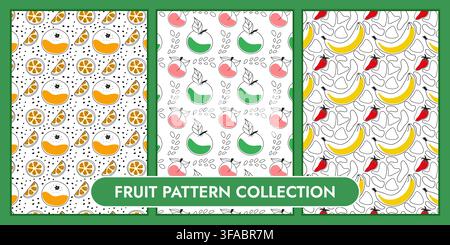Set of Patterns with Fruits. Mandarin and citrus pieces. Apple and peach. Banana and strawberry. Summer food collection. Stock Vector