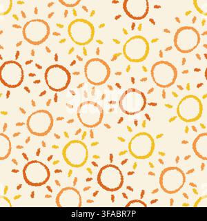 Seamless pattern of painted suns on a light background in yellow colors. Children drawing, chalk drawing Stock Vector