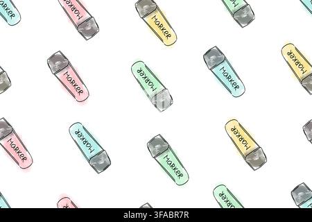 Seamless pattern sketching markers for learning with watercolor paints on a white background. Stock Vector
