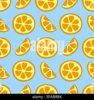 Pattern Pieces of oranges on a blue background. Slice and circle of citrus fruit. Sour taste. Summer pattern. Colors Stock Vector