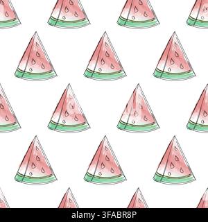 Seamless pattern sketching of a piece of watermelon with watercolor paints. Summer Food Pattern Stock Vector