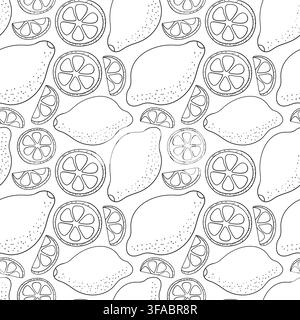 Pattern of contour lemons and a piece of circles. Citrus fruits on a white background. Sour Healthy food. Seamless print Stock Vector