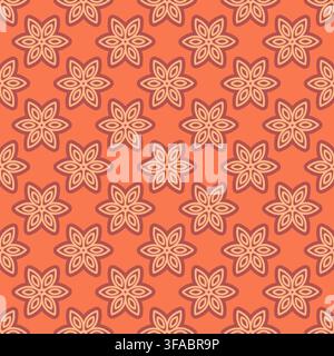 Seamless pattern of a geometric flower with a stroke on an orange background. Contour six-leaf flower. Symmetrical. Stock Vector