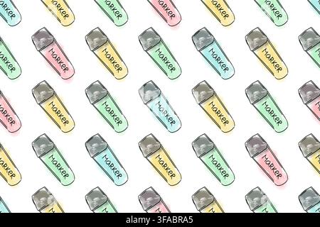Seamless pattern sketching markers for learning with watercolor paints on a white background. Stock Vector