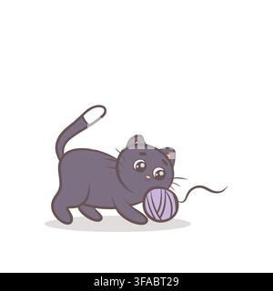 Vector illustration of a playful black cat with a purple yarn ball Stock Vector