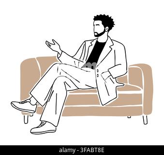 Man sits relaxed on couch, gesturing thoughtfully Stock Vector