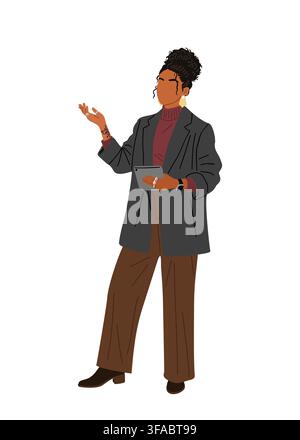 Confident black woman gestures holding a tablet. Stock Vector