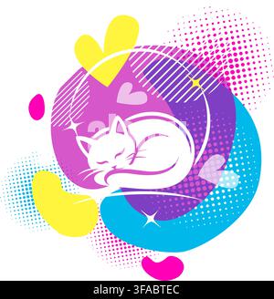 Happy Cat sleeping Logo. Hand drawn. Not AI, vector illustration. Stock Vector