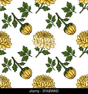 Seamless vector pattern with yellow chrysanthemum flowers and green leaves for Chuseok holiday background Stock Vector