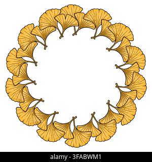 Golden ginkgo biloba leaves circular frame vector illustration Stock Vector