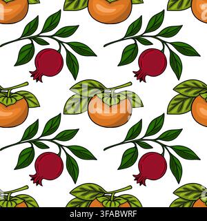 Chuseok seamless pattern vector with hand drawn persimmon and pomegranate fruits on white background Stock Vector