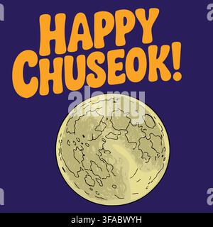 Happy Chuseok greeting card vector illustration with a textured full moon on a dark purple background Stock Vector