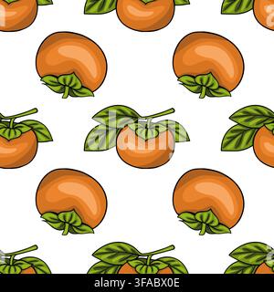 Seamless pattern with orange persimmon fruits and green leaves, cute vector illustration for Chuseok holiday design. Stock Vector