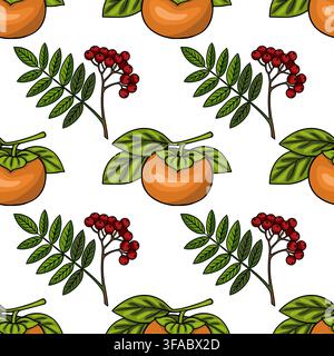 Chuseok autumn seamless pattern vector with orange persimmon fruits and red rowan berries Stock Vector