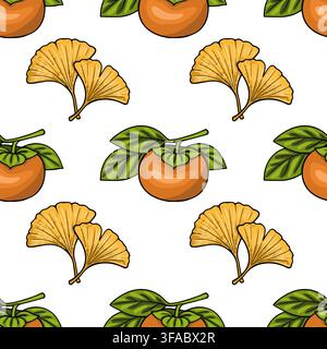 Chuseok holiday seamless pattern with vector persimmon fruits and ginkgo leaves Stock Vector