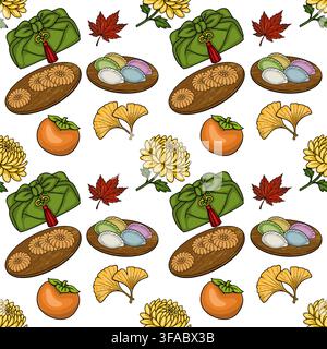 Chuseok Seamless Pattern Vector with Korean Traditional Food and Autumn Foliage Stock Vector