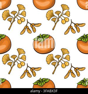 Chuseok seamless pattern vector with hand drawn persimmon fruit and ginkgo leaves Stock Vector