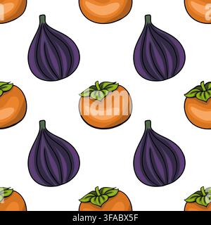 Chuseok harvest seamless pattern vector with purple figs and orange persimmons Stock Vector