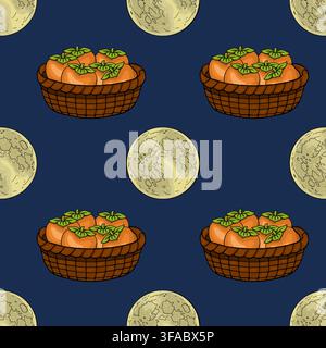Chuseok seamless vector pattern with persimmon baskets and full moon on dark blue background Stock Vector