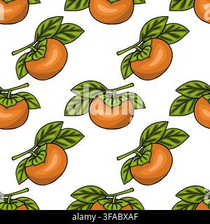 Seamless vector pattern with ripe orange persimmon fruits and green leaves for Chuseok holiday design Stock Vector