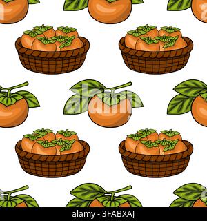 Chuseok seamless vector pattern with hand drawn persimmons in wicker baskets and ripe orange fruits on branches Stock Vector