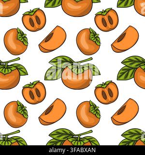 Seamless vector pattern with fresh orange persimmon fruits, slices, and green leaves for Chuseok holiday design Stock Vector