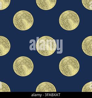 Seamless vector pattern with hand-drawn yellow full moon illustrations on a dark blue background Stock Vector