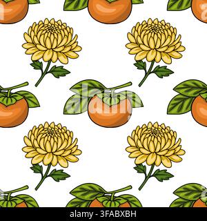Chuseok holiday seamless pattern vector featuring yellow chrysanthemum flowers and orange persimmon fruits Stock Vector