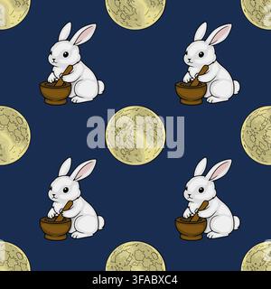 Seamless vector pattern with cute white rabbits pounding rice cakes in a mortar and full moons on a dark blue background Stock Vector