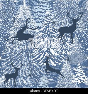 Christmas blue and white background with deer. Winter Forest pattern. Christmas trees of dots. Christmas seamless background. hand drawing. Not AI Stock Vector