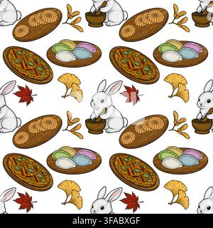 Chuseok holiday seamless pattern vector with cute rabbits and traditional Korean food Stock Vector