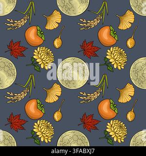 Chuseok seamless pattern vector with full moon persimmon rice and autumn leaves Stock Vector