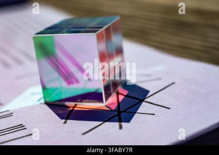 Iridescent cube on a softly lit worksheet with purple tint and black guide lines. Glossy surfaces and colored shadows express modern science learning Stock Photo