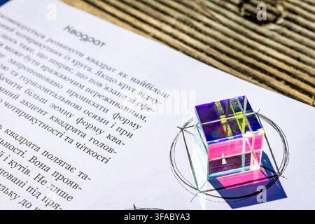 Dichroic cube placed on a workbook page inside a hand drawn circle. Harsh sunlight adds colorful reflections and deep shadows. Symbol of optics tasks Stock Photo
