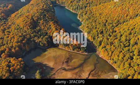 Meandering riverbed and forest of autumn trees nature landscape Stock Photo