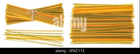 Colorful spaghetti tricolore pasta isolated on white background. Top view. Flat lay Stock Photo