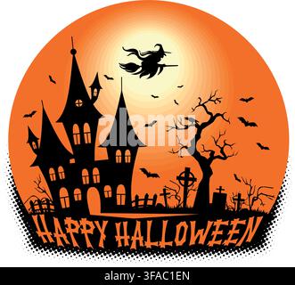 Halloween full moon, scary house in the cemetery with flying witch. Halloween vector template on transparent background Stock Vector