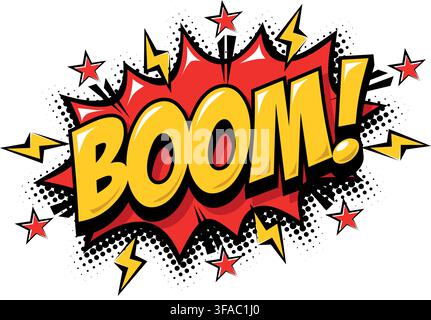 Boom. Burst lettering text speech exploding bubble in comic book style. Vector on transparent background Stock Vector