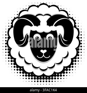 Round curly black and white cloud-shaped sheep ram. Logo template for the number zero symbolizing the year 2027. Vector on a transparent background. Stock Vector