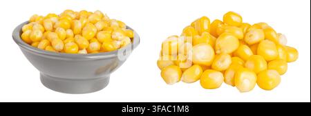 corn seeds in ceramic bowl isolated on white background with full depth of field. Stock Photo