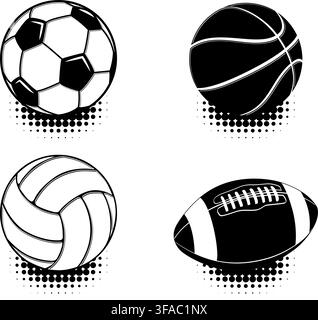 Sport balls flat icons set in black and white style. Soccer, american football, volleyball, basketball, rugby ball. Vector template on transparent bac Stock Vector