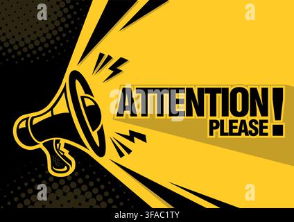 Attention please. Black loudspeaker, megaphone with lightings on yellow background. Vector simple template for copy you text Stock Vector