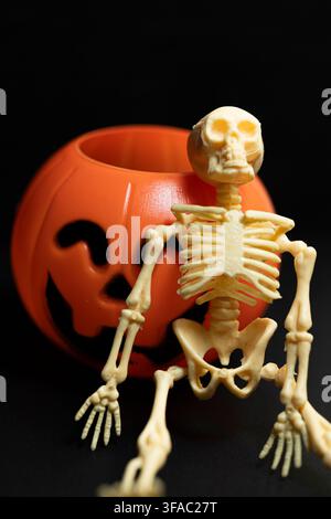 Toy skeleton sitting next to an orange jack o lantern The Concept of spooky celebration Stock Photo
