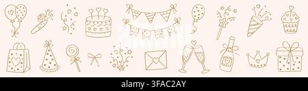 Elegant Birthday Party Doodle Collection with Gold Line Cake, Balloons, Bunting, Champagne, Cupcake, Gift, Crown, Party Hat, Confetti, Hearts and Stock Vector