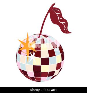 Cherry-shaped disco ball with red and cream checkerboard pattern, decorative stars and ribbon, trendy retro party decoration isolated on white background. . Vector illustration Stock Vector